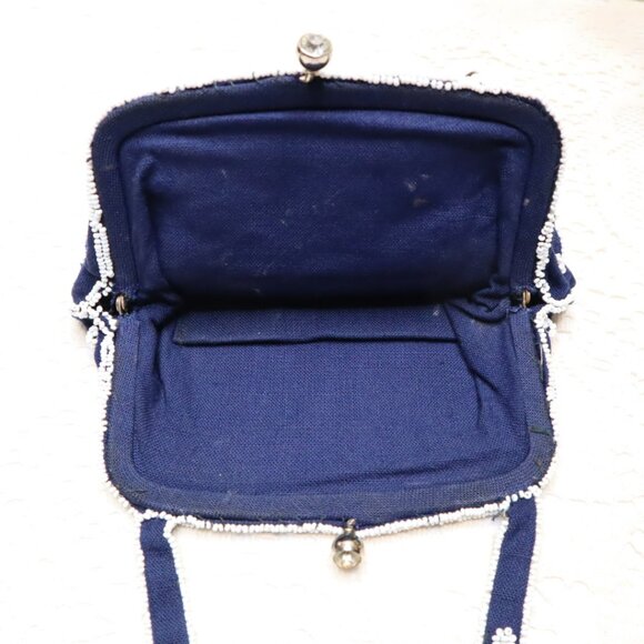Vintage Beaded Evening Bag: Navy Blue Floral Handbag, Rhinestone Clasp - Picture 8 of 11